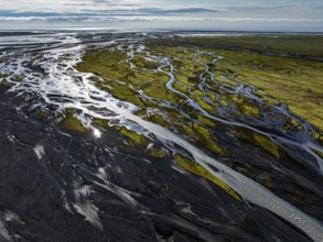River, river course, river delta, branched, sunny, backlight, aerial view, summer, south-east