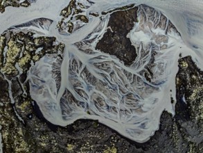 Lava, mosses, river, river course, branched, cloudy, summer, aerial view, Kirkjubaerklaustur,