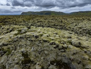 Lava, mosses, mountains, cloudy, summer, aerial view, Eldhraun, Kirkjubaerklaustur, Iceland