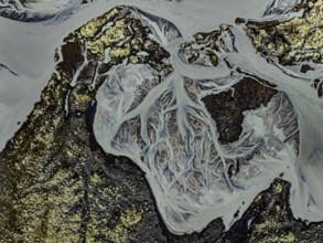 Lava, mosses, river, river course, branched, cloudy, summer, aerial view, Kirkjubaerklaustur,