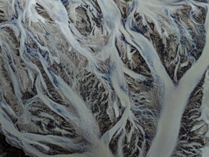River, river course, branched, cloudy, summer, aerial view, Kirkjubaerklaustur, Iceland