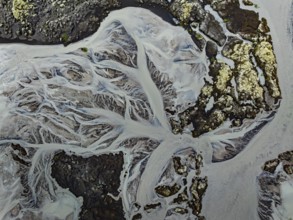 Lava, mosses, river, river course, branched, cloudy, summer, aerial view, Kirkjubaerklaustur,