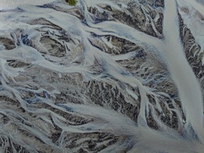 River, river course, branched, cloudy, summer, aerial view, Kirkjubaerklaustur, Iceland