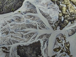 Lava, mosses, river, river course, branched, cloudy, summer, aerial view, Kirkjubaerklaustur,
