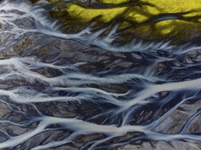 River, river course, river delta, branched, sunny, aerial view, summer, south-east Iceland, Iceland