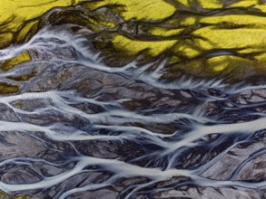River, river course, river delta, branched, sunny, aerial view, summer, south-east Iceland, Iceland