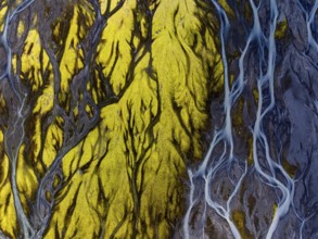 River, river course, river delta, branched, sunny, aerial view, summer, south-east Iceland, Iceland