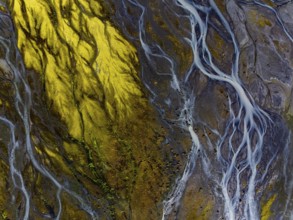 River, river course, river delta, branched, sunny, aerial view, summer, south-east Iceland, Iceland