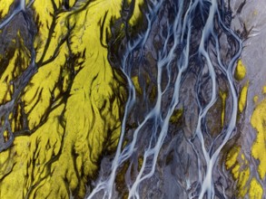 River, river course, river delta, branched, sunny, aerial view, summer, south-east Iceland, Iceland