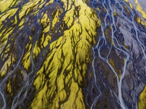 River, river course, river delta, branched, sunny, aerial view, summer, south-east Iceland, Iceland