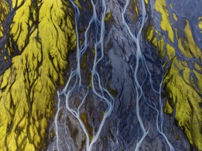 River, river course, river delta, branched, sunny, aerial view, summer, south-east Iceland, Iceland