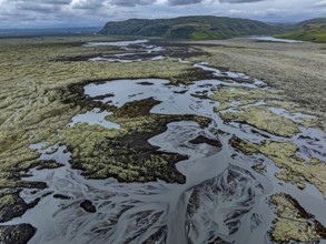 Lava, mosses, volcanic landscape, river, river course, cloudy, mountains, summer, aerial view,