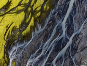 River, river course, river delta, branched, sunny, aerial view, summer, south-east Iceland, Iceland