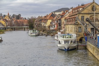 Idyllic riverside scenery in Bamberg, a town in Upper Franconia, Germany