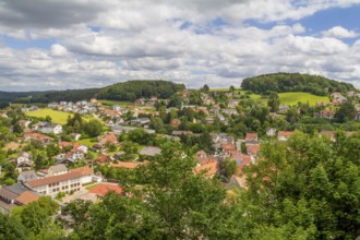 High angle view around Falkenstein Castle in the Bavarian Forest at summer time
