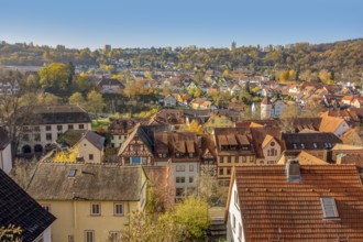 Aerial view of Wertheim, a town in Southern Germany at evening time