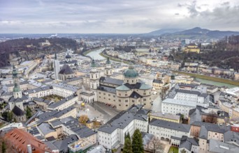 Aerial view of Salzburg in Austria at winter time
