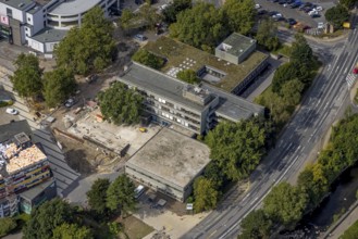 Aerial view, town hall and construction site at the city archive in the district Haufe in