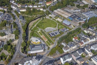 Aerial view, Ennepebogen Park and savings bank building in the Haufe district of Gevelsberg, Ruhr