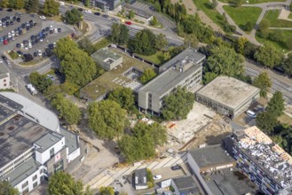 Aerial view, town hall and construction site at the city archive in the district Haufe in