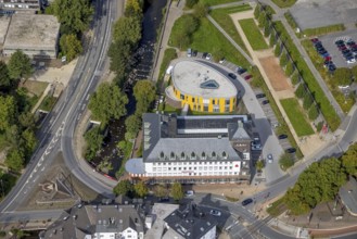 Aerial view, Ennepebogen Park and savings bank building in the Haufe district of Gevelsberg, Ruhr