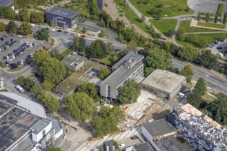 Aerial view, town hall and construction site at the city archive in the district Haufe in