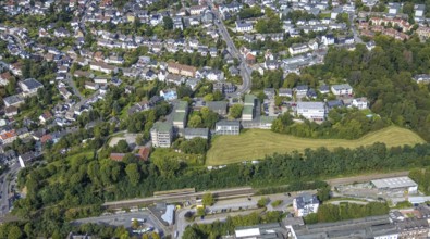 Aerial view, Gevelsberg main station and Städt. Realschule SRG in Gevelsberg, Ruhr area, North