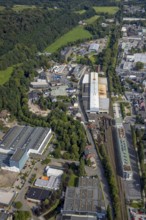 Aerial view, commercial area at Mühlenstraße and new fire station at Haufer Bahnhof at the old
