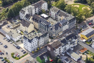 Aerial view, residential buildings at the corner of Hagener Straße and Talstraße in the district In