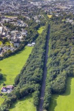 Aerial view, straight railway line in the forest in the district of Berge in Gevelsberg, Ruhr area,