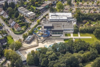 Aerial view, swimming in Gevelsberg swimming pool in the district Klostermark in Gevelsberg, Ruhr
