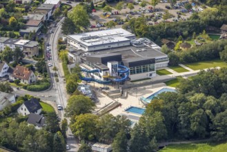 Aerial view, swimming in Gevelsberg swimming pool in the district Klostermark in Gevelsberg, Ruhr