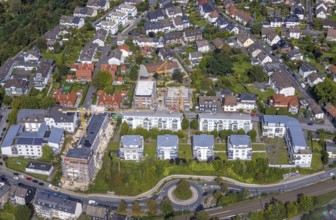 Aerial view, construction site and new senior citizens' home next to the Hans-Grünewald-Haus and