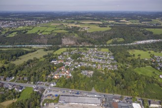 Aerial view, residential area Bruchmühle and adjacent forest damage on the A1 motorway in the