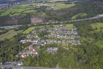 Aerial view, residential area Bruchmühle and adjacent forest damage on the A1 motorway in the