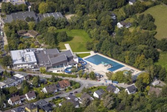 Aerial view, swimming in Gevelsberg swimming pool in the district Klostermark in Gevelsberg, Ruhr