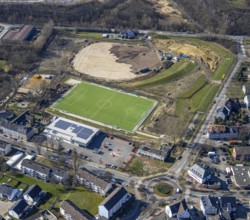 Aerial view, construction site for Sportpark Mottbruch Brüsseler Straße, sports ground SuS Schwarz