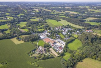 Aerial view, building materials trade Auf dem Böcken am Esborner Weg surrounded by meadows and