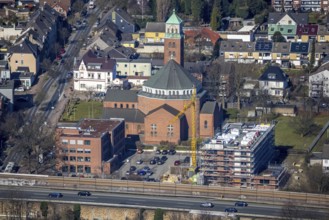 Aerial view, cath. Heilig-Kreuz-Kirche, medical centre Gladbeck, construction site former Kotten