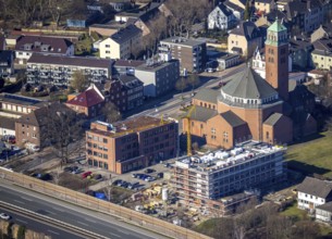 Aerial view, cath. Heilig-Kreuz-Kirche, medical centre Gladbeck, construction site former Kotten