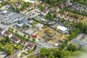 Aerial view, construction site new building for housing and social affairs, former Mercedes-Lueg