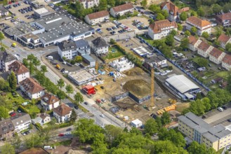 Aerial view, construction site new building for housing and social affairs, former Mercedes-Lueg