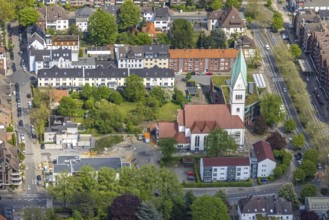 Aerial view, Christ Church and construction site of new kindergarten, former Bonhoeffer House,