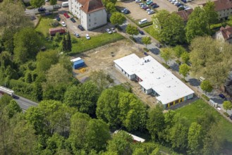 Aerial view, construction site day care centre new building Uhlandstraße, Gladbeck, Ruhr area,