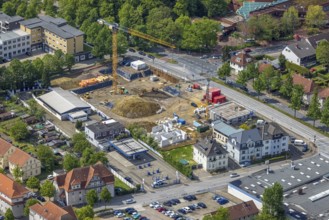 Aerial view, construction site new building for housing and social affairs, former Mercedes-Lueg