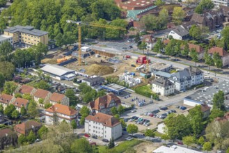 Aerial view, construction site new building for housing and social affairs, former Mercedes-Lueg