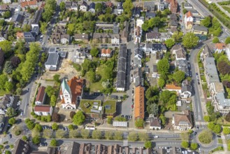 Aerial view, Christ Church and construction site of new kindergarten, former Bonhoeffer House,