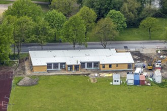 Aerial view, construction site and new building of modular kindergarten at Berliner Straße,