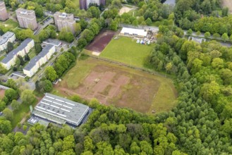 Aerial view, construction site and new building of modular kindergarten at Berliner Straße,