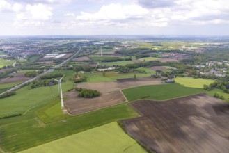Aerial view, wind turbines meadows and fields, Kirchhellen-Süd, Bottrop, Ruhr area, North